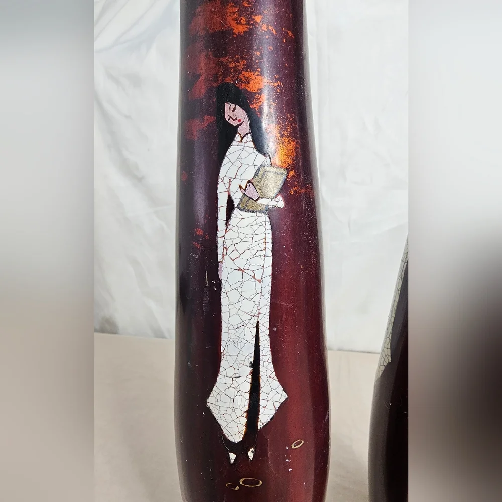 Vintage Vietnam Handicraft Lacquerware Vases Set of 2 Ao Dai Eggshell Inlay Arts